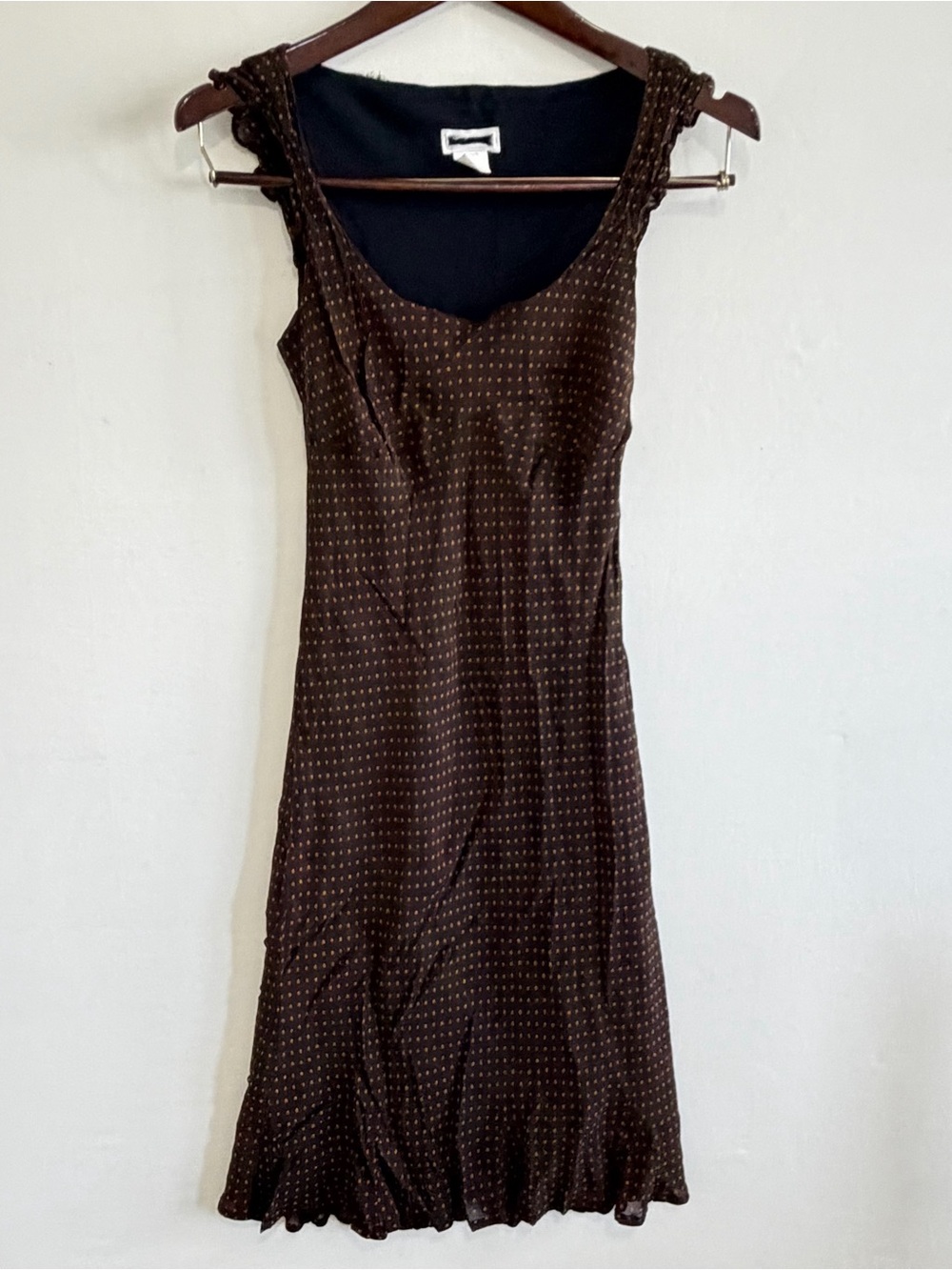 Vintage Y2K 90s  Brown Polka Dot Ruffle Mini Slip Dress Size Small
